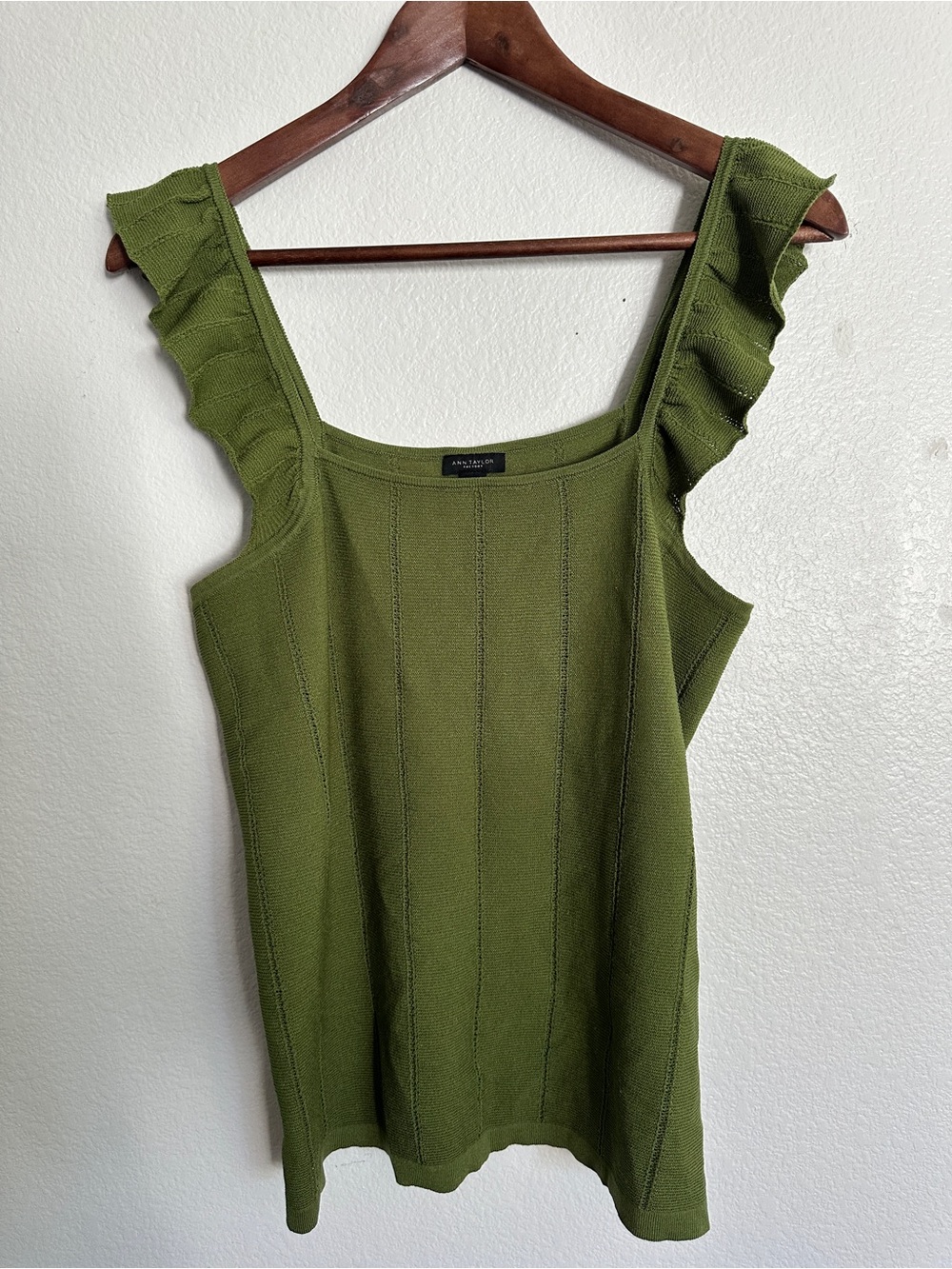Ann Taylor Olive Green Ruffle Strap Knit Tank